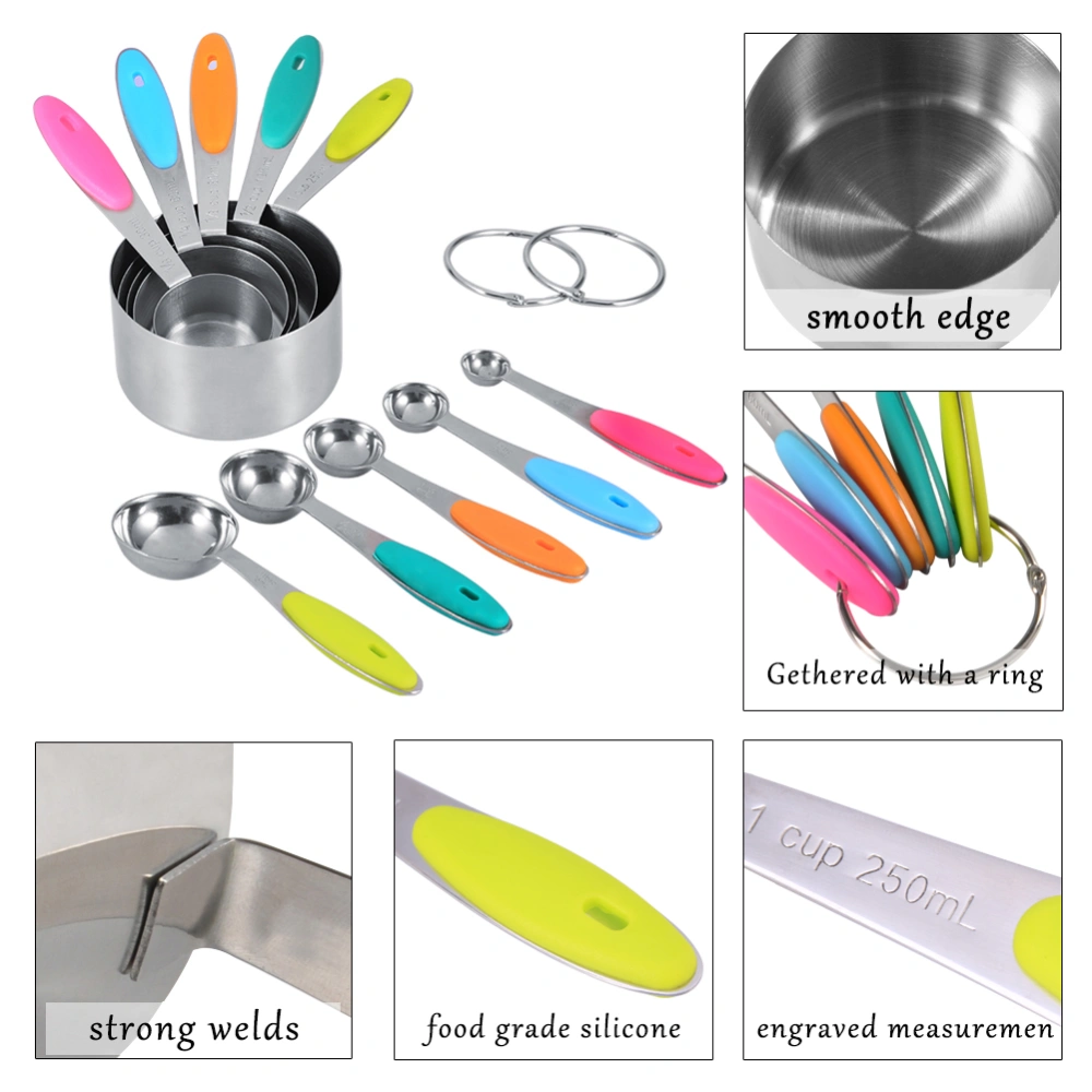 Ejoyous 10 Pieces Stainless Steel Measuring Cups and Spoons with Silicone Handle Grip Kitchen M