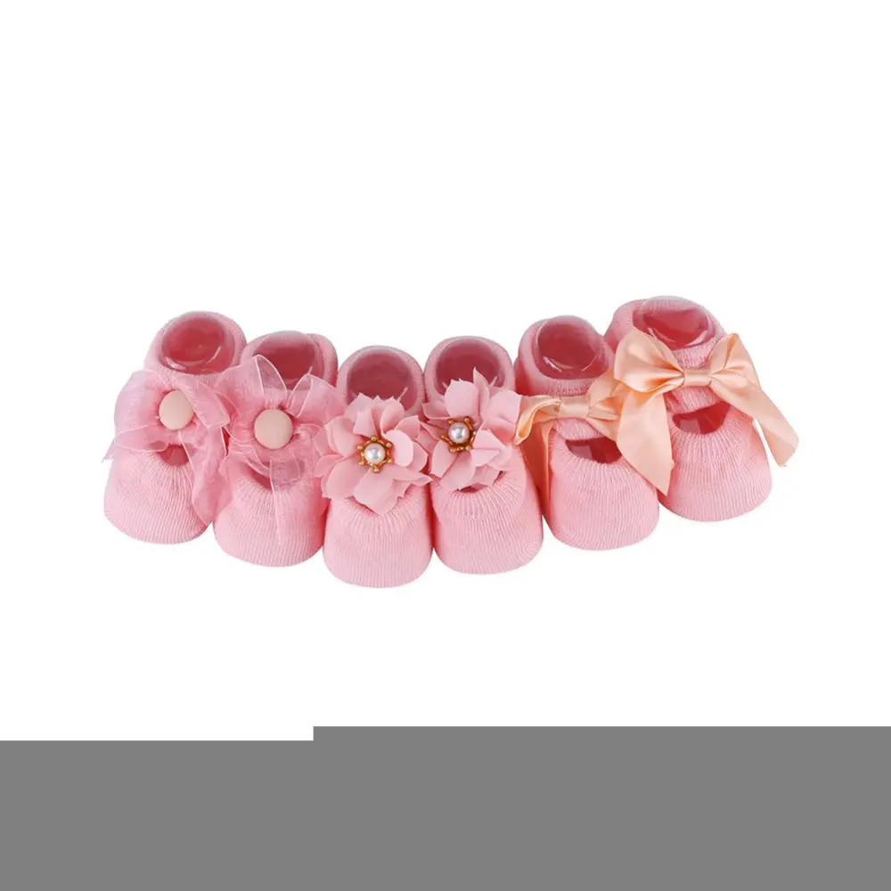 3 Pairs/Set Cotton Anti-slip Lace Flower Bow Floor Socks For Baby Toddler Pink S(0-1 Year Old)