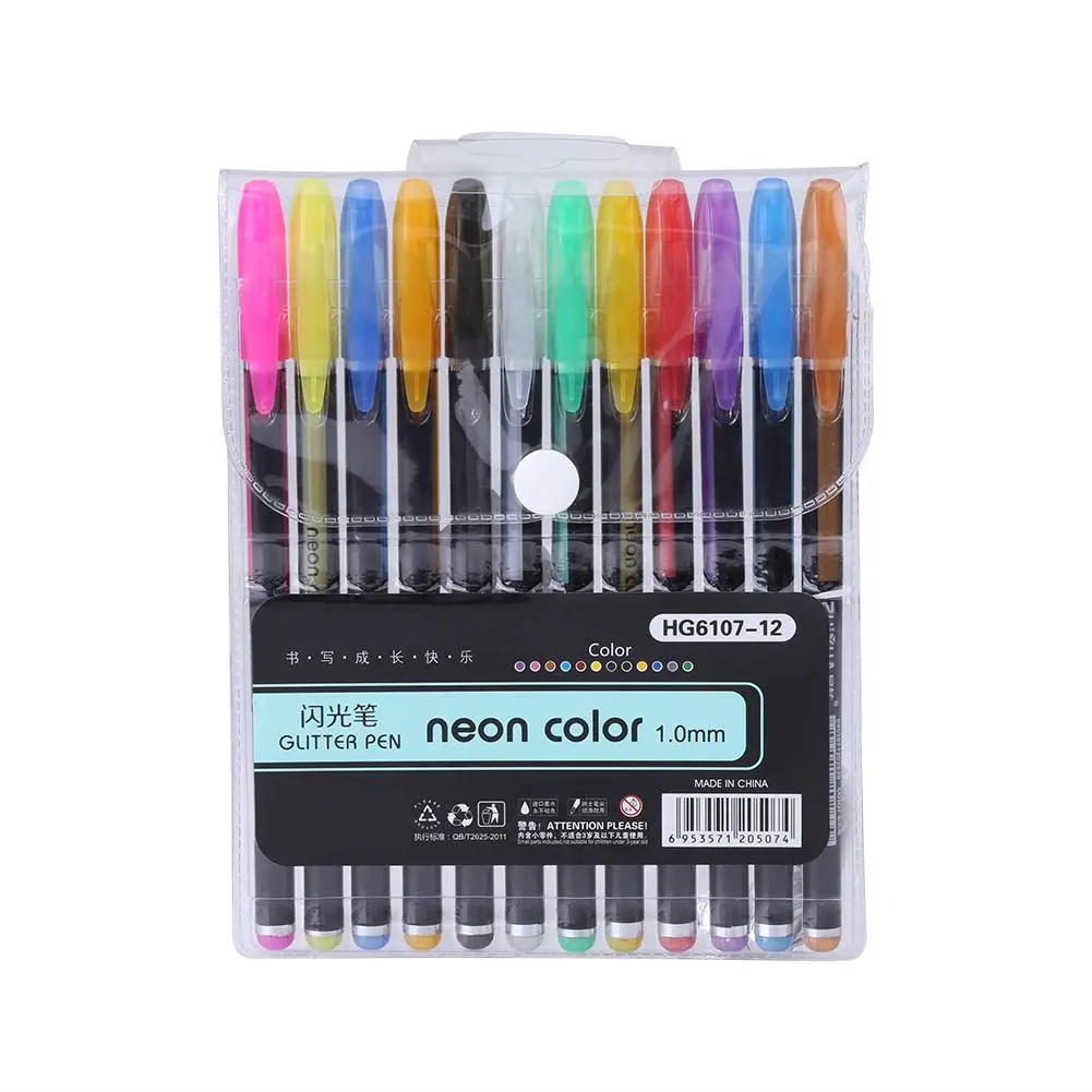 12 Different Colors Glitter Gel Pen Set Colorful Highlighter Drawing Painting Marker Stationery