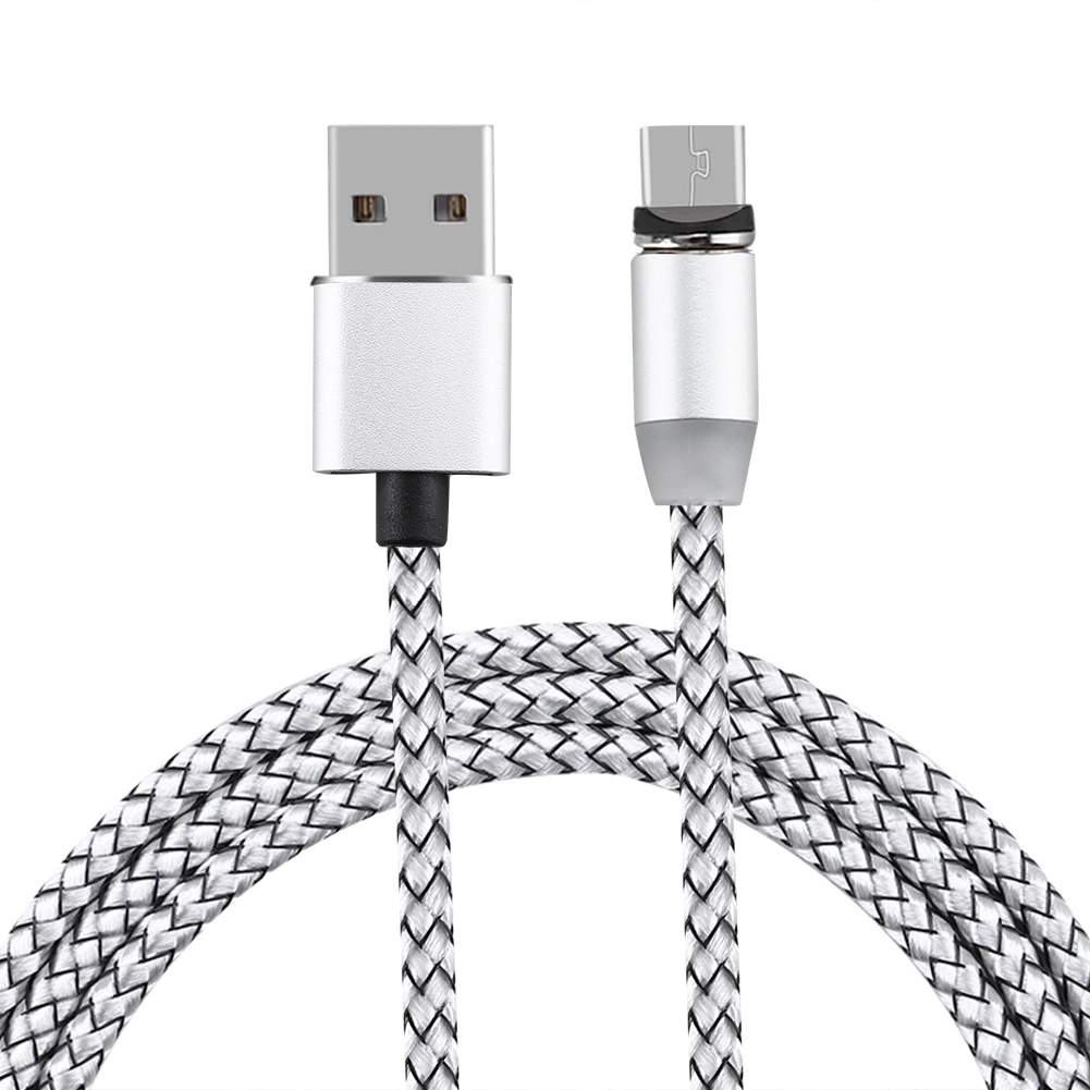 Universal Magnetic Braided Cords Micro USB Charging Cable with LED Light for Android Silver
