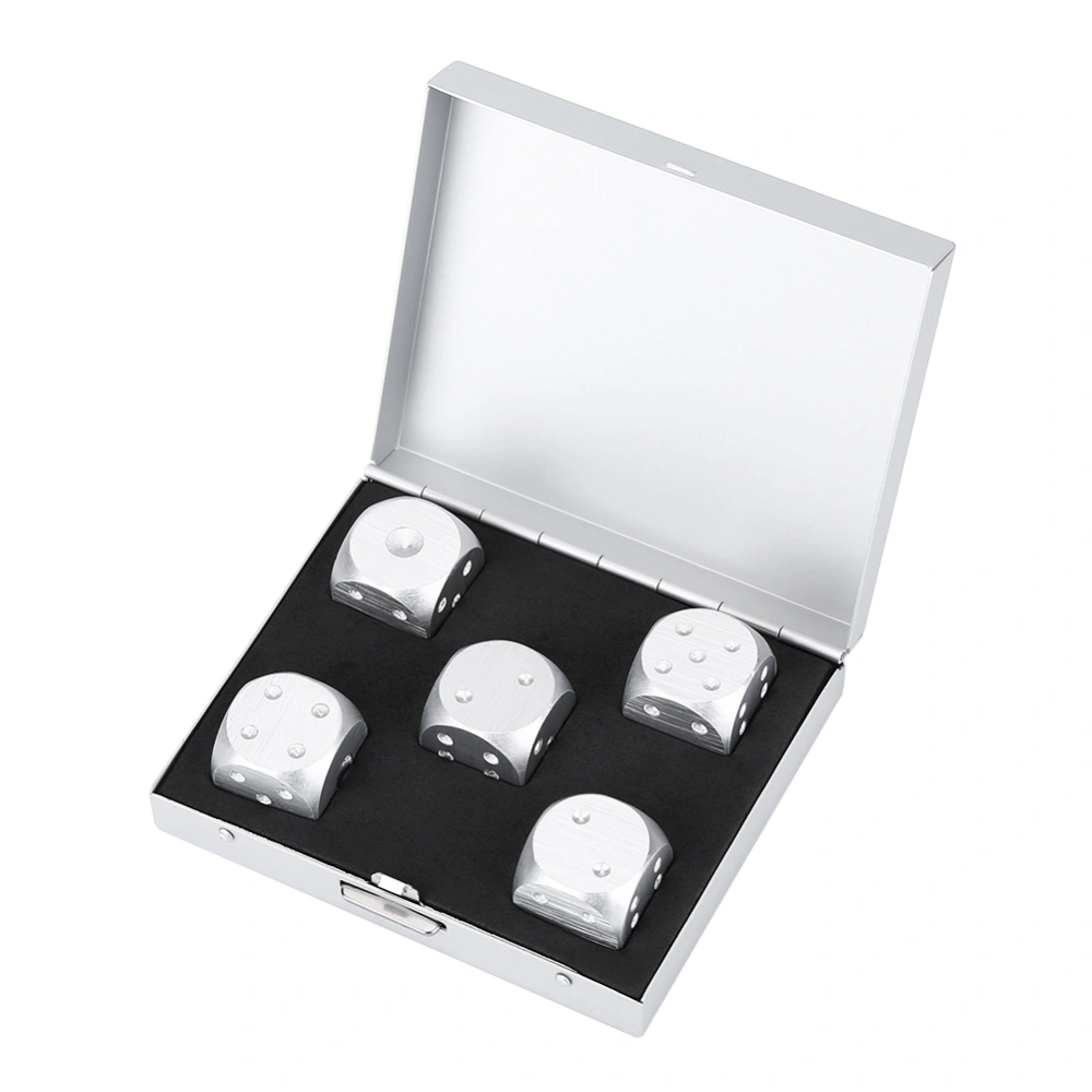 5pcs Aluminium Alloy Table Game Poker Games Dices Set with Storage Box (Silver-Square Box)