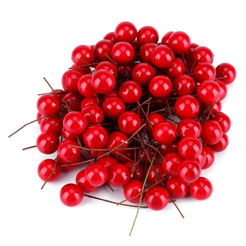 100pcs/lot Artificial Red Holly Berry Christmas Tree Pendant Hanging Ornaments Xmas Party Decor