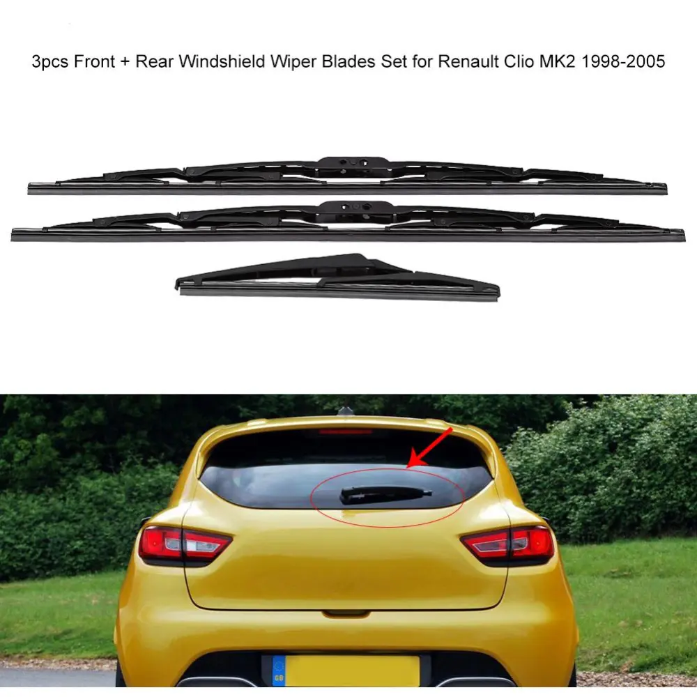 3Pcs Front Rear Windscreen Windshield Wiper Blades Set for Renault Clio MK2 1998-2005