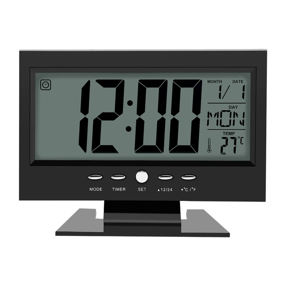 LCD Digital Sound Sensor Table Desk Alarm Clock with Calendar and Temp Display Black