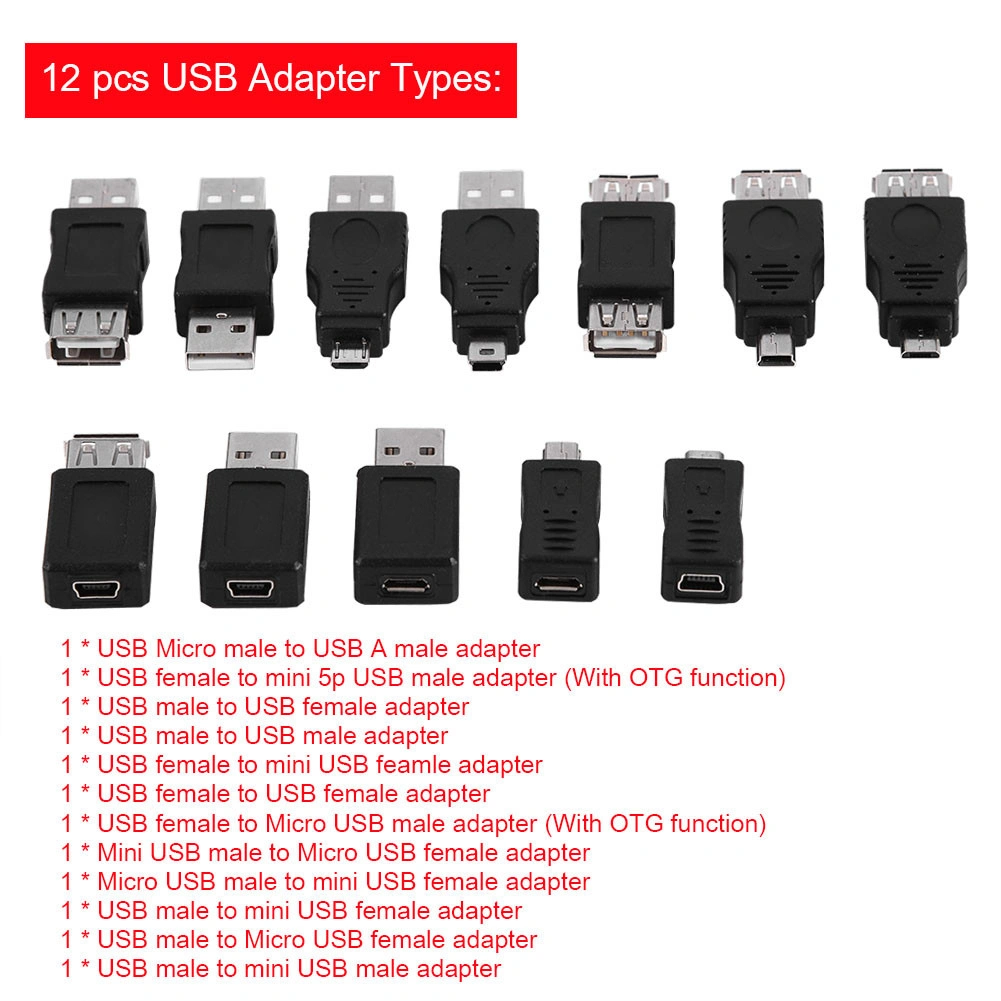 Pack of 12 Pcs Multiple USB2.0 Adapters Micro/Mini Male Female Converters Connectors