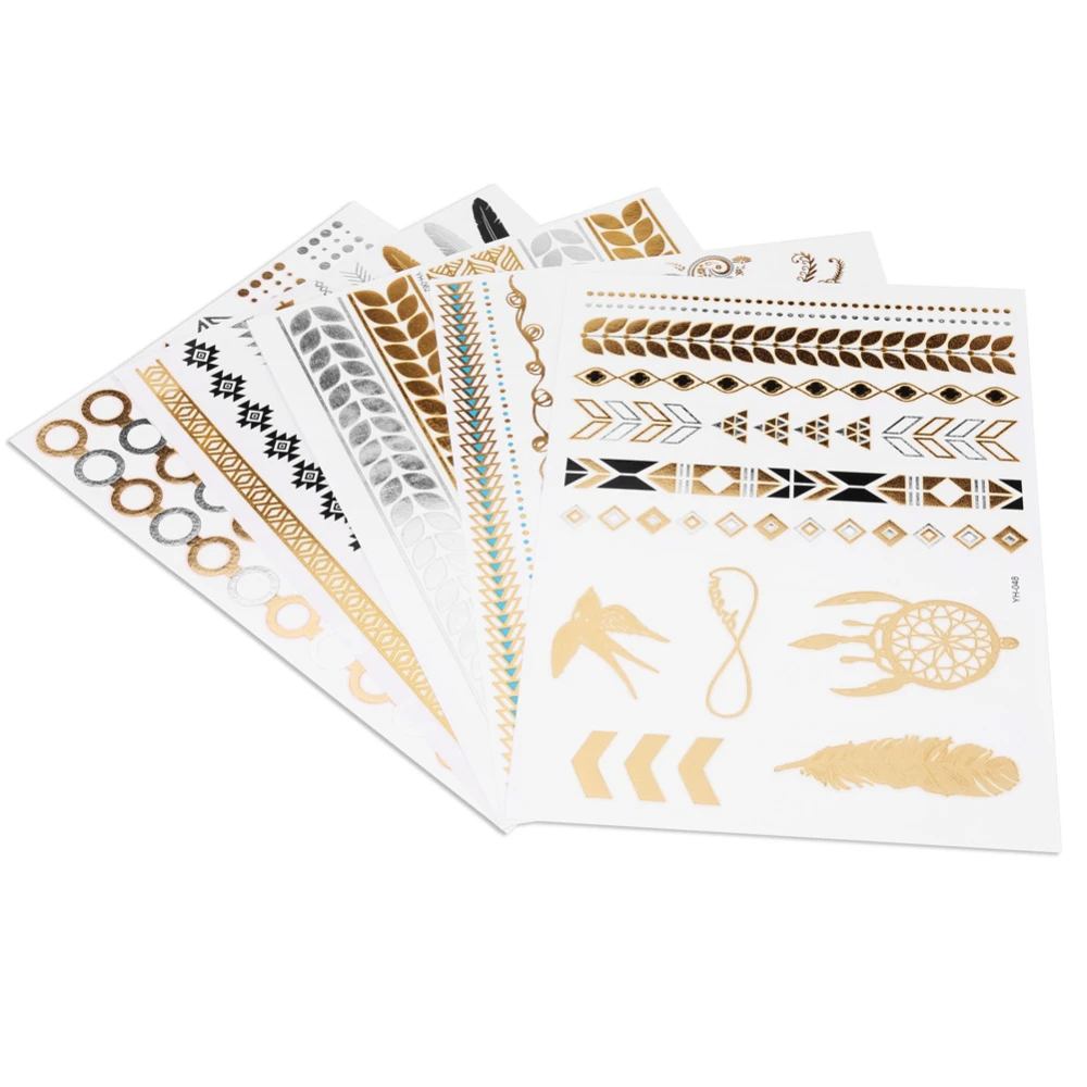 5pcs Mixed Metallic Golden Silver Colorful Pattern Temporary Disposable Arm  Tattoo Stickers