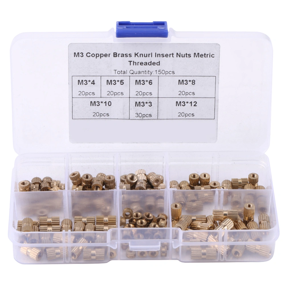 150pcs M3 Brass Knurl Insert Nuts Threaded Assortment Set Kit with Plastic Box