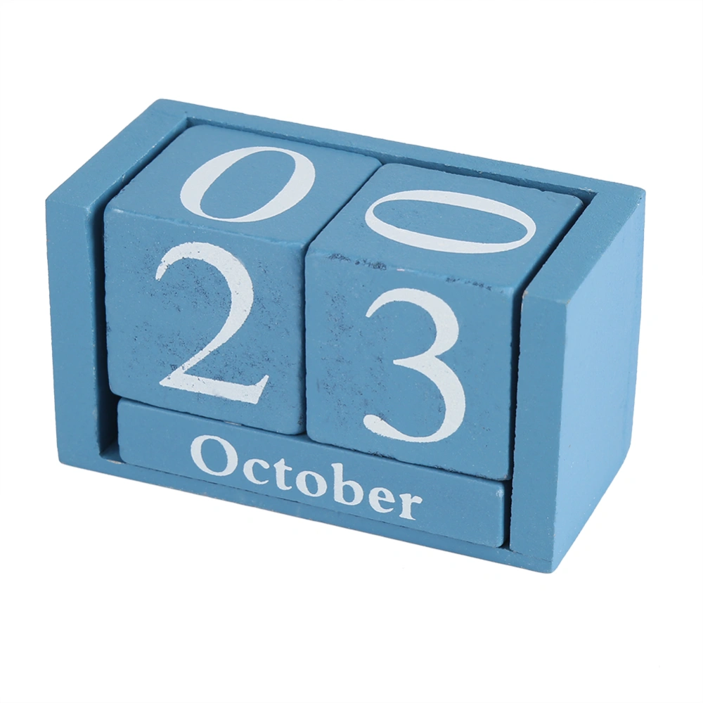 Vintage Wooden Calendar Desktop Wood Block Month Date Display Home Office Decoration Blue