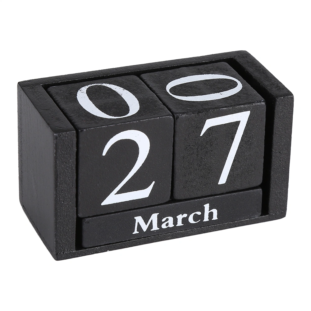 Vintage Wooden Calendar Desktop Wood Block Month Date Display Home Office Decoration Black