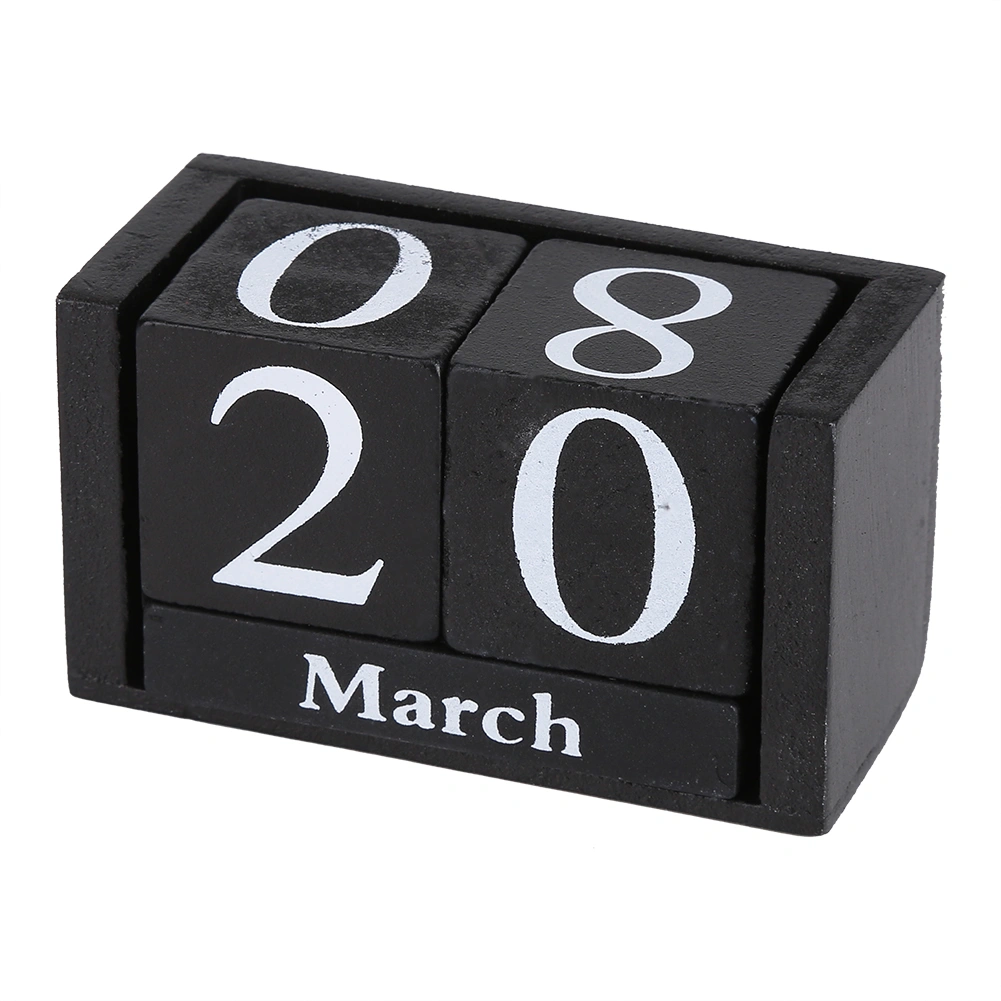 Vintage Wooden Calendar Desktop Wood Block Month Date Display Home Office Decoration Black