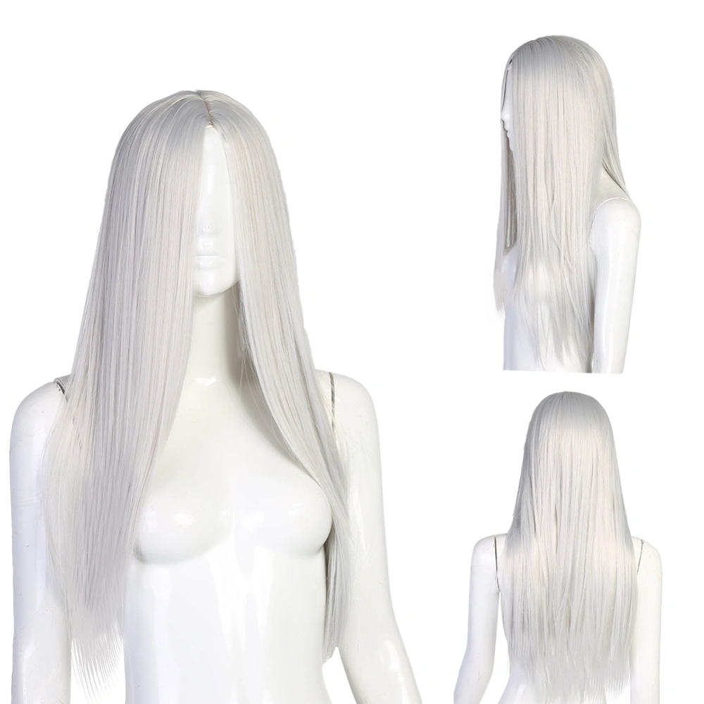 Long Straight Synthetic Hair Women Full Head Cosplay Costume Party Wig with Cap Silver White