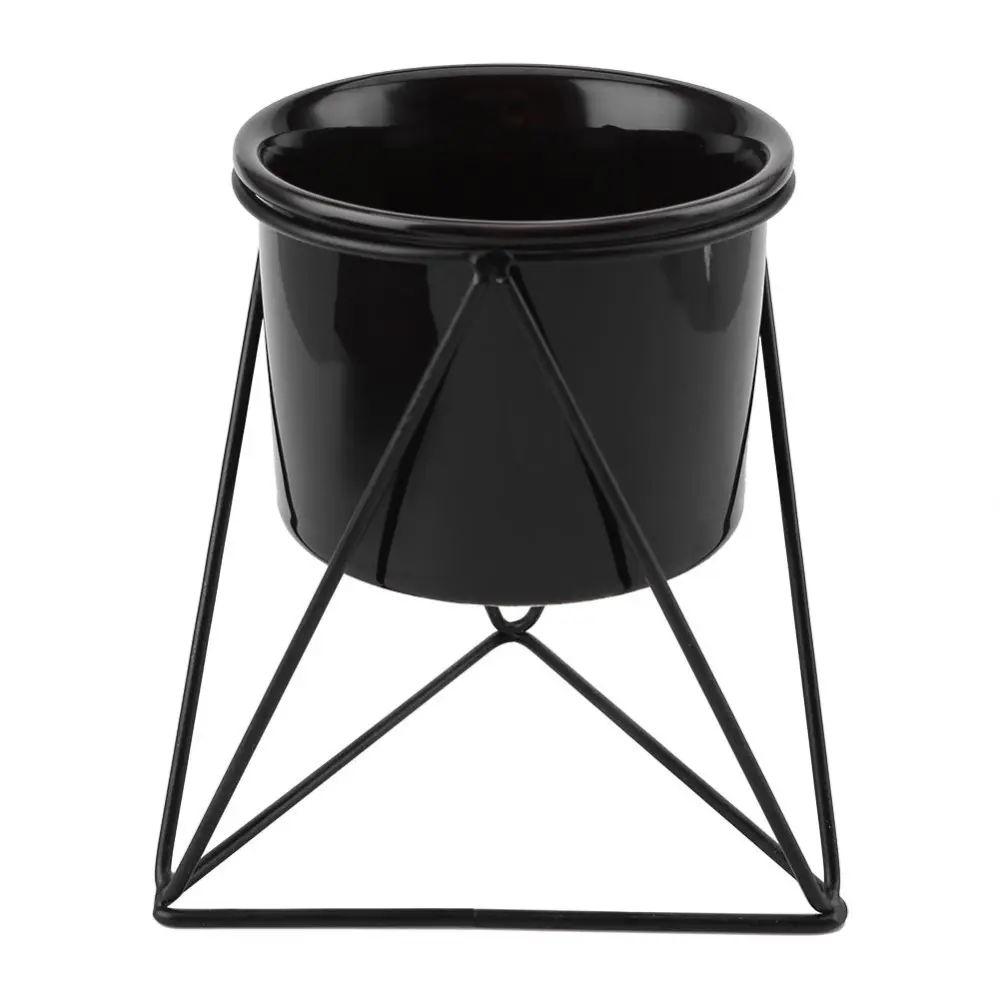 Ceramic Flower Pot and Triangle Geometric Metal Rack Plant Display Black Pot+Black Frame