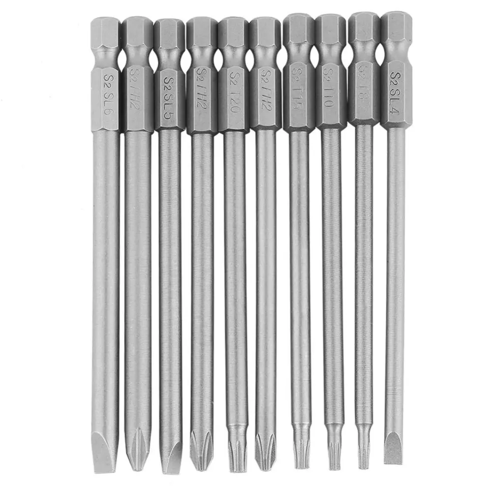 10Pcs 100mm 1/4" Hex Shank Magnetic BST Screwdriver Bits Set (Slotted+Cross+Security Star )