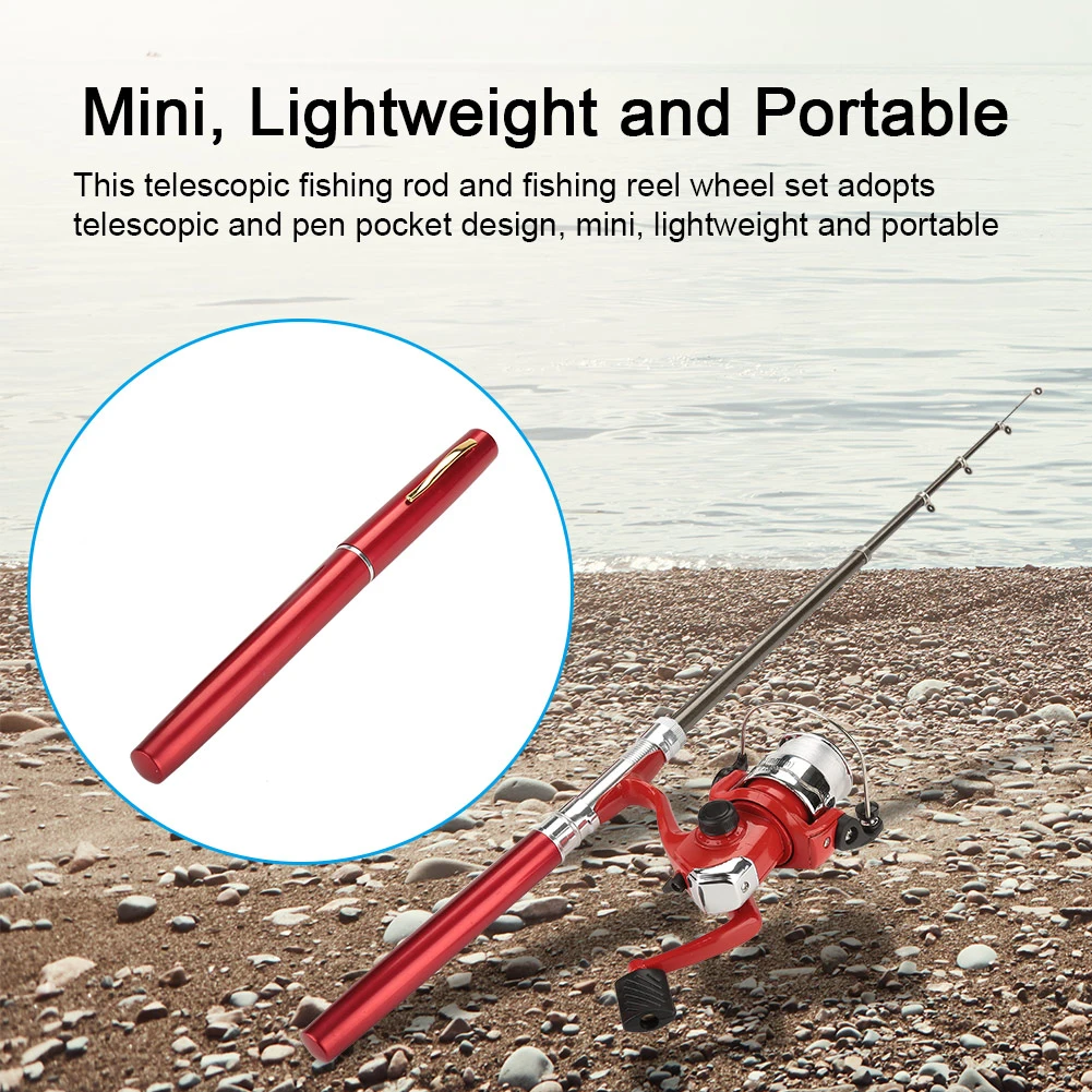 Mini Pen Pocket Telescopic Casting Rod Pole & Fishing Reel Wheel Set Kit (Red)