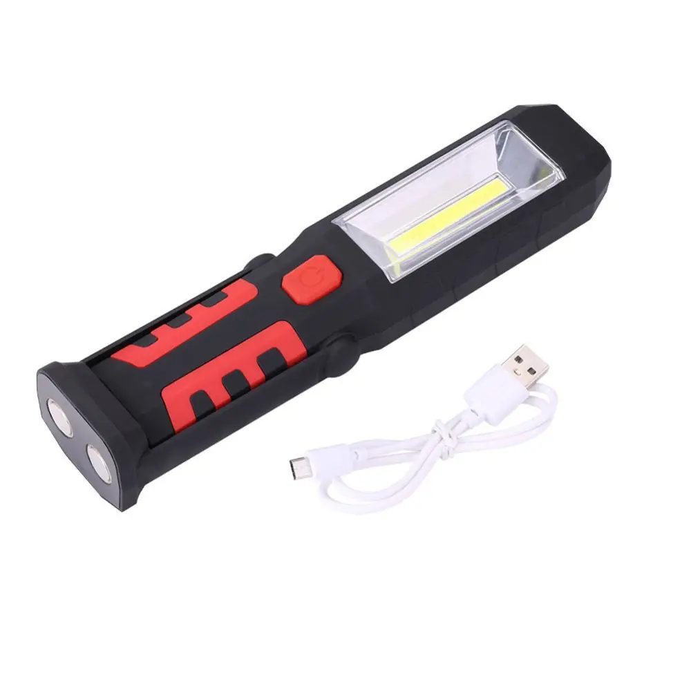 USB Rechargeable COB LED Work Light Emergency Flashlight Magnetic Base + Adjustable Hook Red