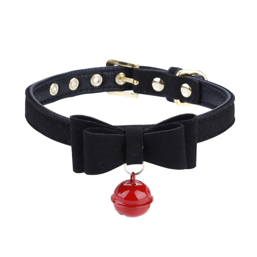 Adjustable Pets Dogs Puppy Collar with Bow Tie & Ring Bell Decor Black XS