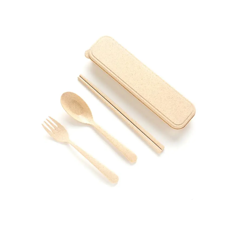 3Pcs/set Healthy Wheat Straw Tableware Portable Travel Dinner Tool with Storage Box(Beige)