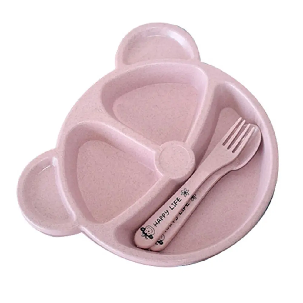 Wheat Straw Children Tableware Cartoon Kids Eating Feeding Dish Bowl with Fork Spoon(Pink)