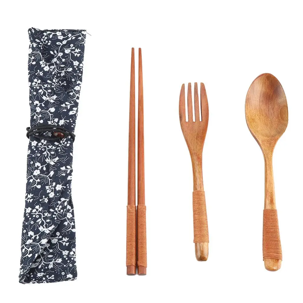 4Pcs Portable Wooden Chopstick Fork Spoon Tableware Set with Bag for Picnic Travel(Golden)