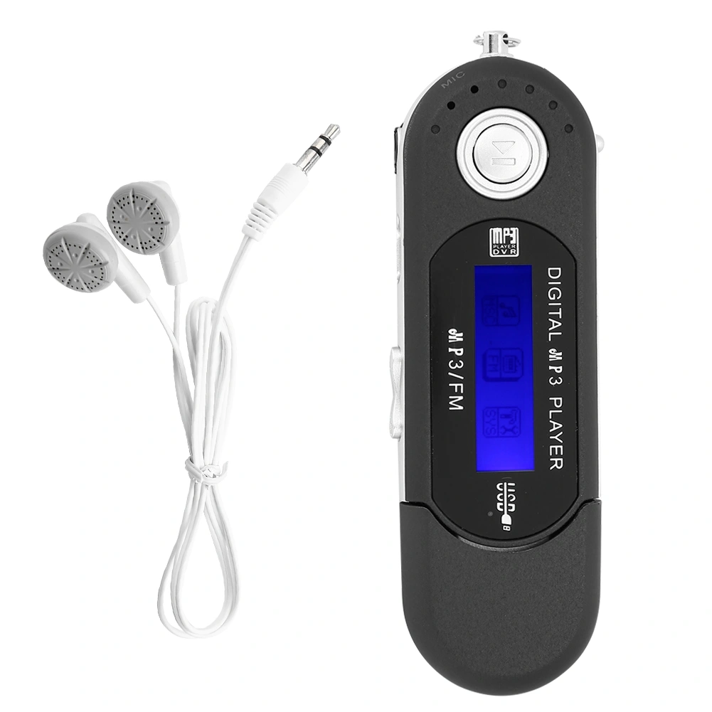 LCD Screen Mini USB 2.0 MP3 Player Earphone with FM Radio for Music Auto Power Off (Black)