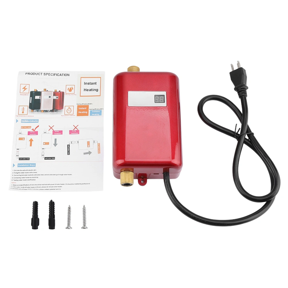 110V 3000W Mini Electric Tankless Instant Hot Water Heater Bathroom Kitchen Washing US Red