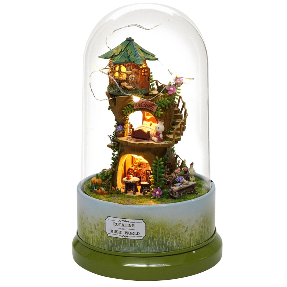 Cute DIY Forest Dollhouse Miniature with Rotate Music Box Dust Cover LED Light