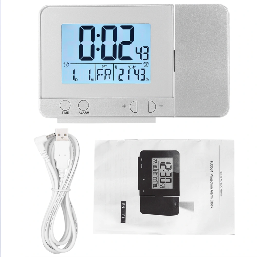 LED Multifunction Projection Digital Alarm Clock Temperature USB (Silver)