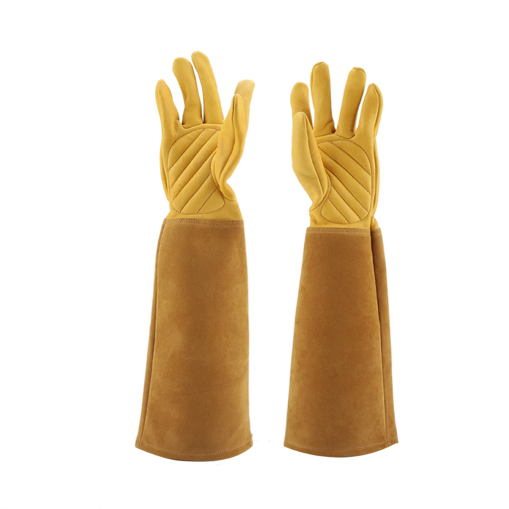 Rose Pruning Gardening Leather Gloves Wearproof Puncture Proof Long Work Glove(Yellow M)