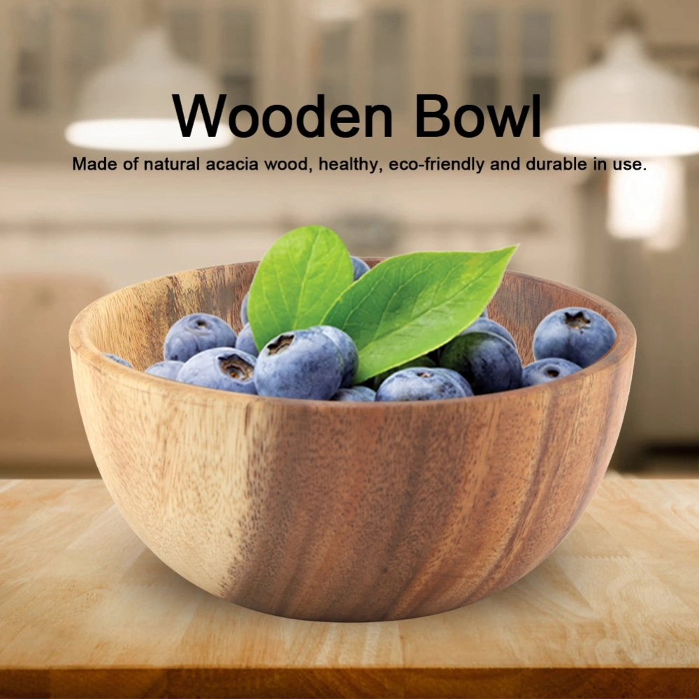 Solid Acacia Wooden Bowl for Salad Soup Rice Hand Made Wooden Bowl Kitchen Utensils (16*7cm)