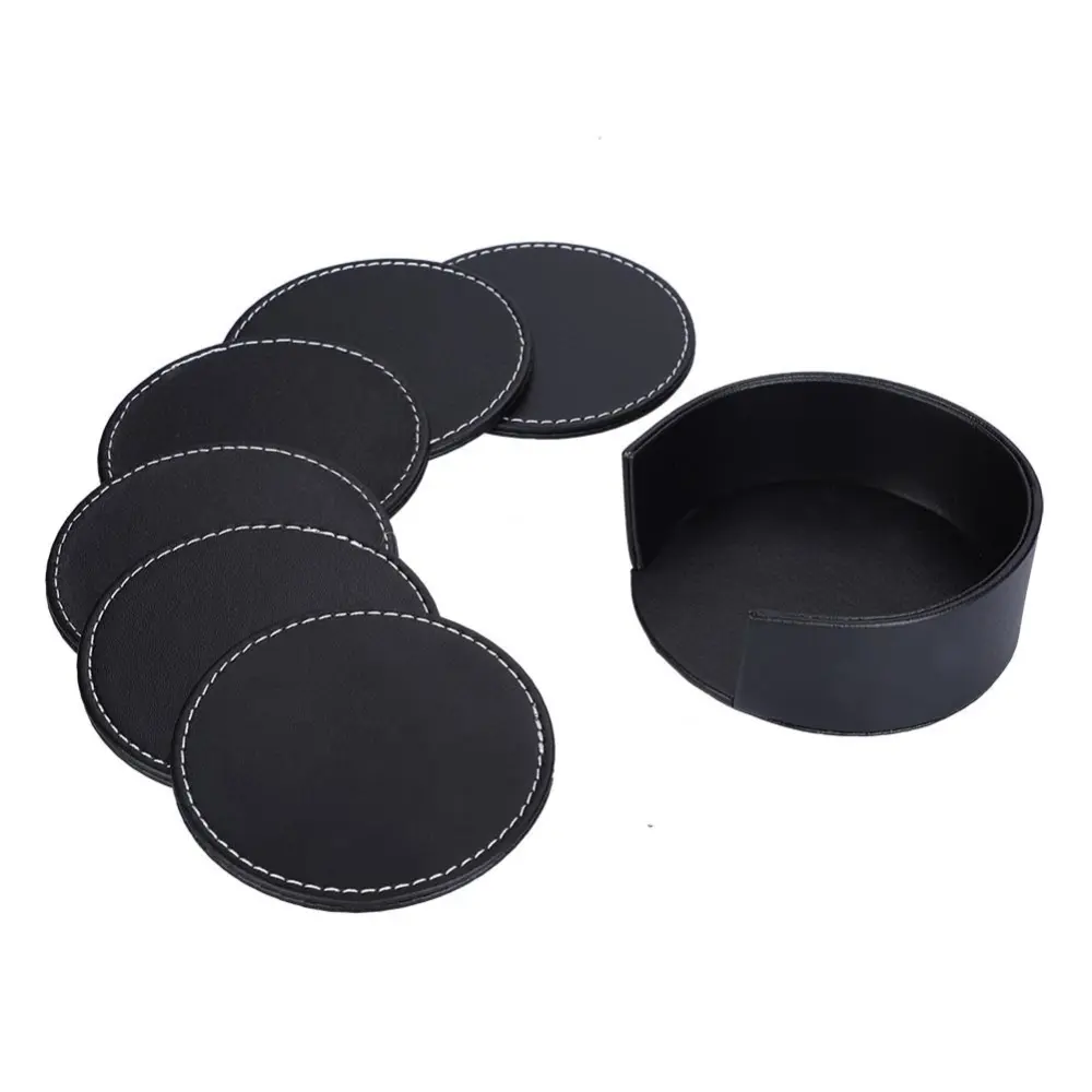 PU Leather Drink Coasters with Holder Set of 6 Coasters for Table Protection Black Round