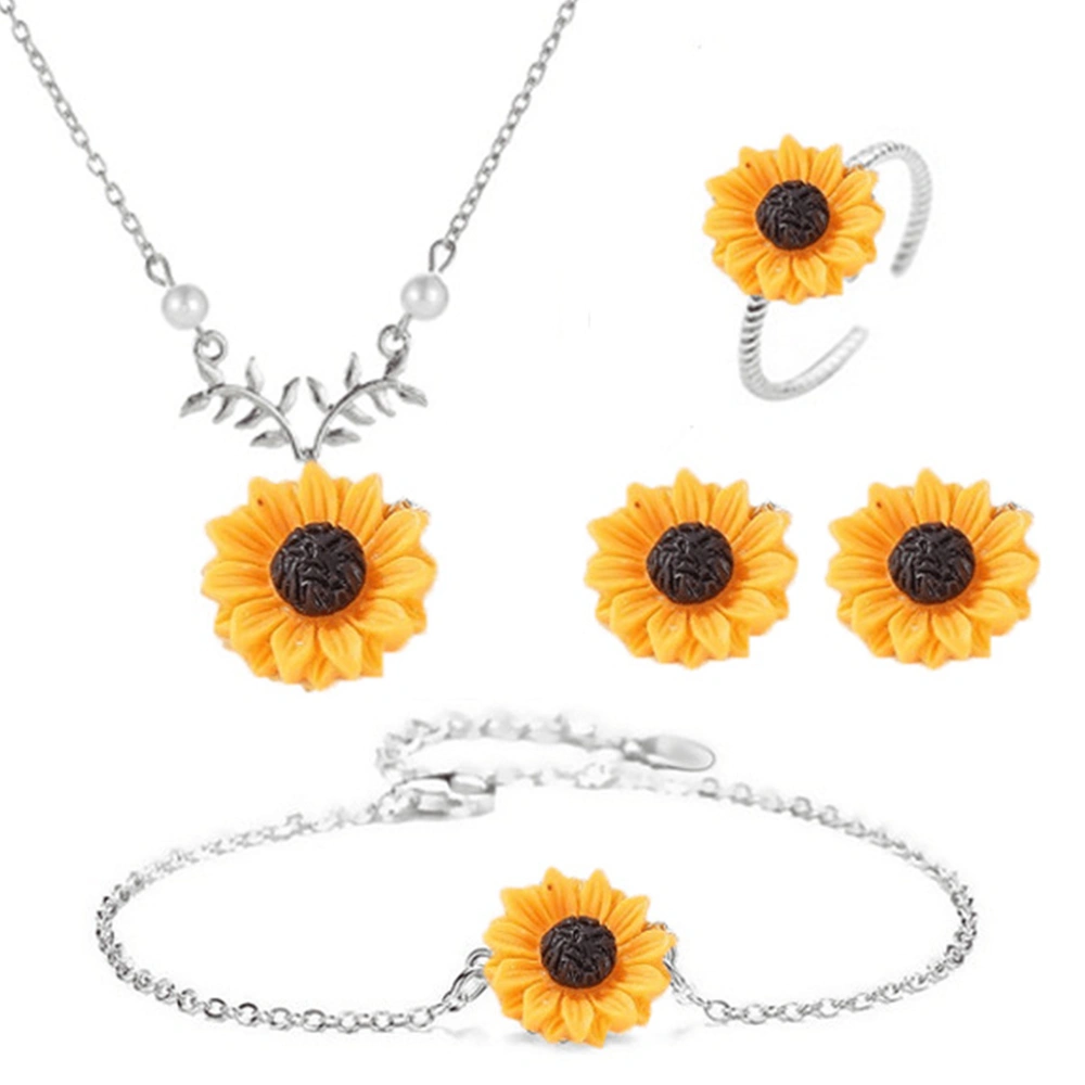 4PCS Woman Alloy Jewelry Sets Sunflower Necklace / Ear Stud / Ring / Bracelet (Silver)