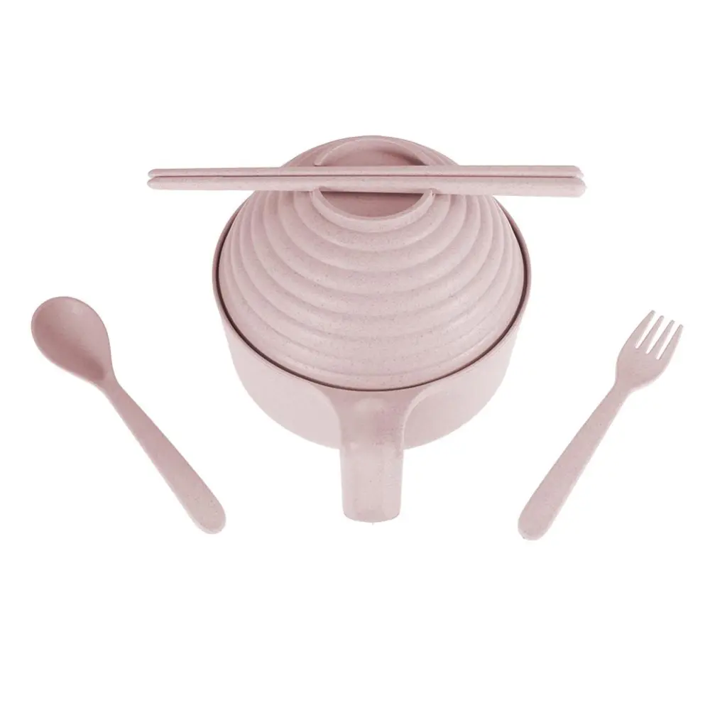 Wheat Straw Pot Set with Chopsticks Fork Spoon Bowl Tableware for Students Dorms (Pink)