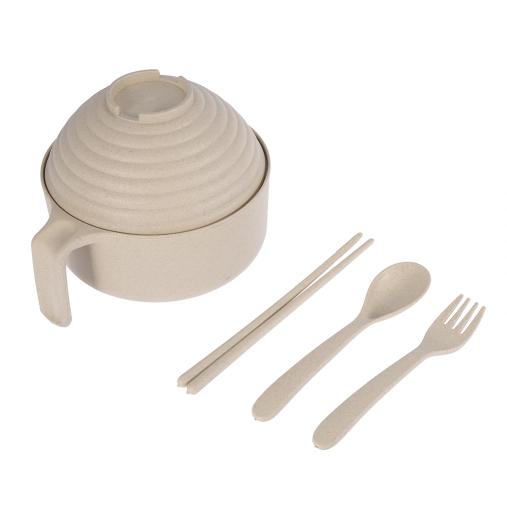 Wheat Straw Pot Set with Chopsticks Fork Spoon Bowl Tableware for Students Dorms (Beige)