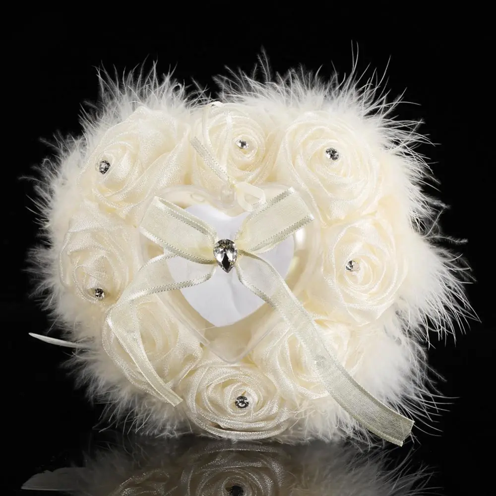 Rose Flower Buds Heart-shaped Ring Pillow Feather for Wedding Accessory(Cream)