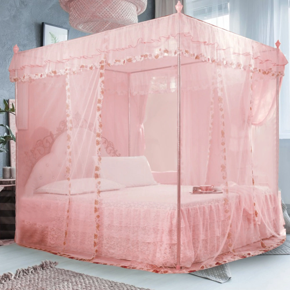 Luxury Princess 3 Side Openings Post Bed Curtain Canopy Netting Mosquito Net Bedding (Pink M)