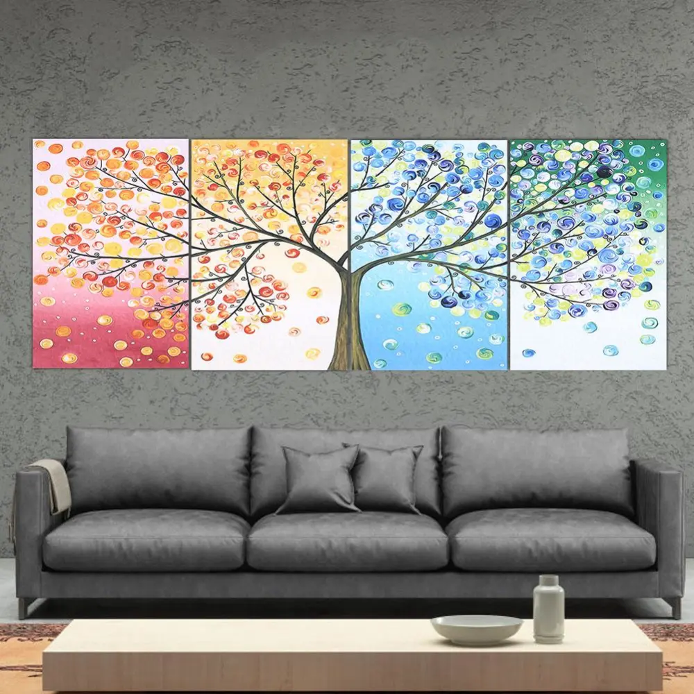 4Pcs Painting Canvas Four Seasons Tree Wall Picture Unframed Art for Home Decor(50X70cm)