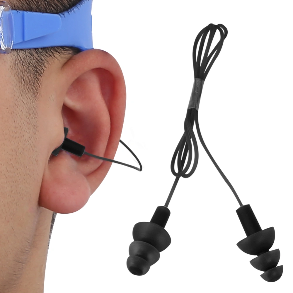 Waterproof Soft Silicone Corded Noise Prevention Swimming Earplugs Earmuff(Black)