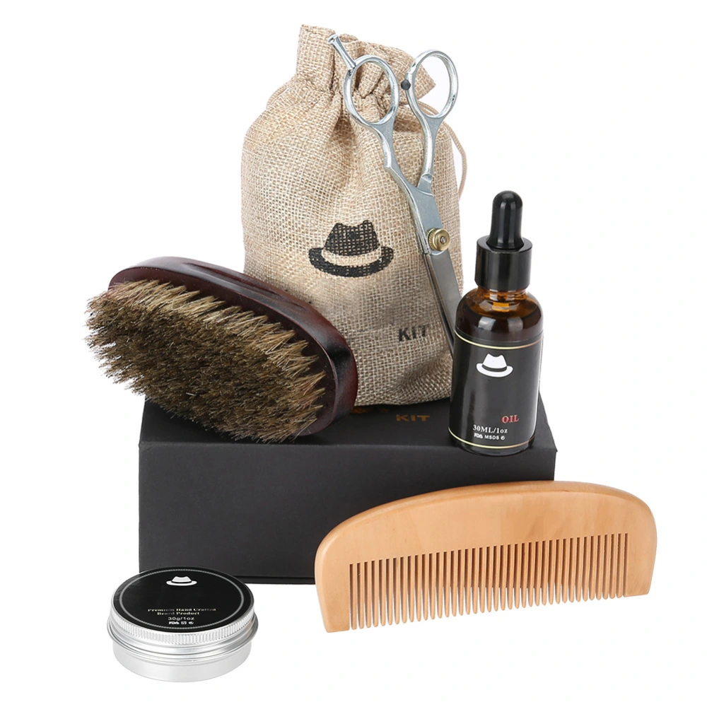 5pcs Beard Care Kit Moustache Balm + Beard Oil + Wood Comb + Beard Brush + Beard Scissor