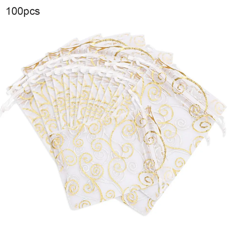 100Pcs Organza Wedding Favor Bags Gift Soaps Organizer Drawstring Pouches(Golden 9*12 cm)