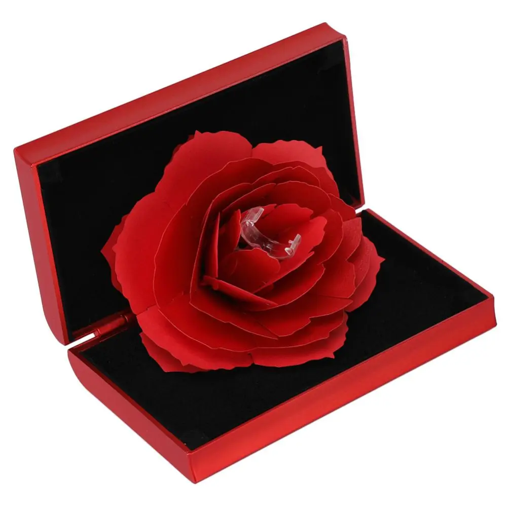 3D Rose Pop-up Ring Box Wedding Engagement Jewelry Storage Rack Ring Holder(Red)