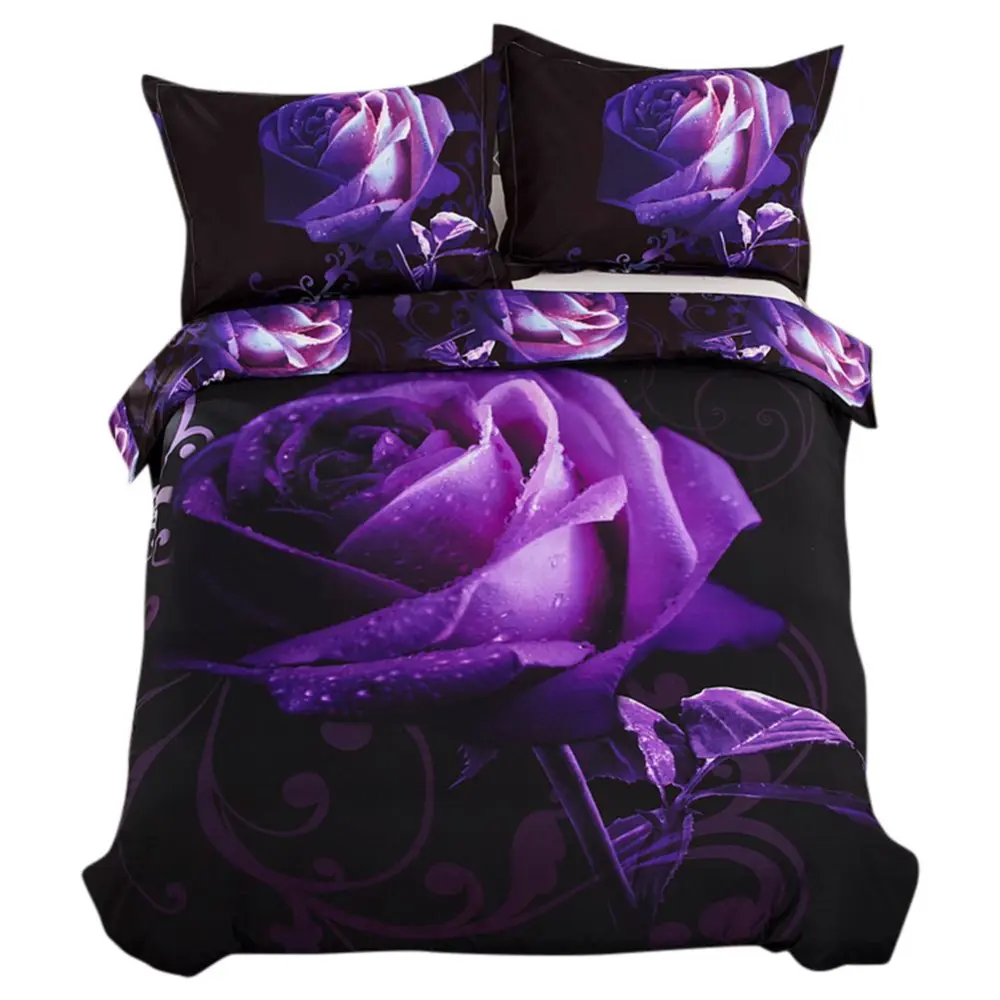 3 Pcs / Set 3D Purple Rose Polyester Bedding Set Pillowcase Duvet Cover (Full)