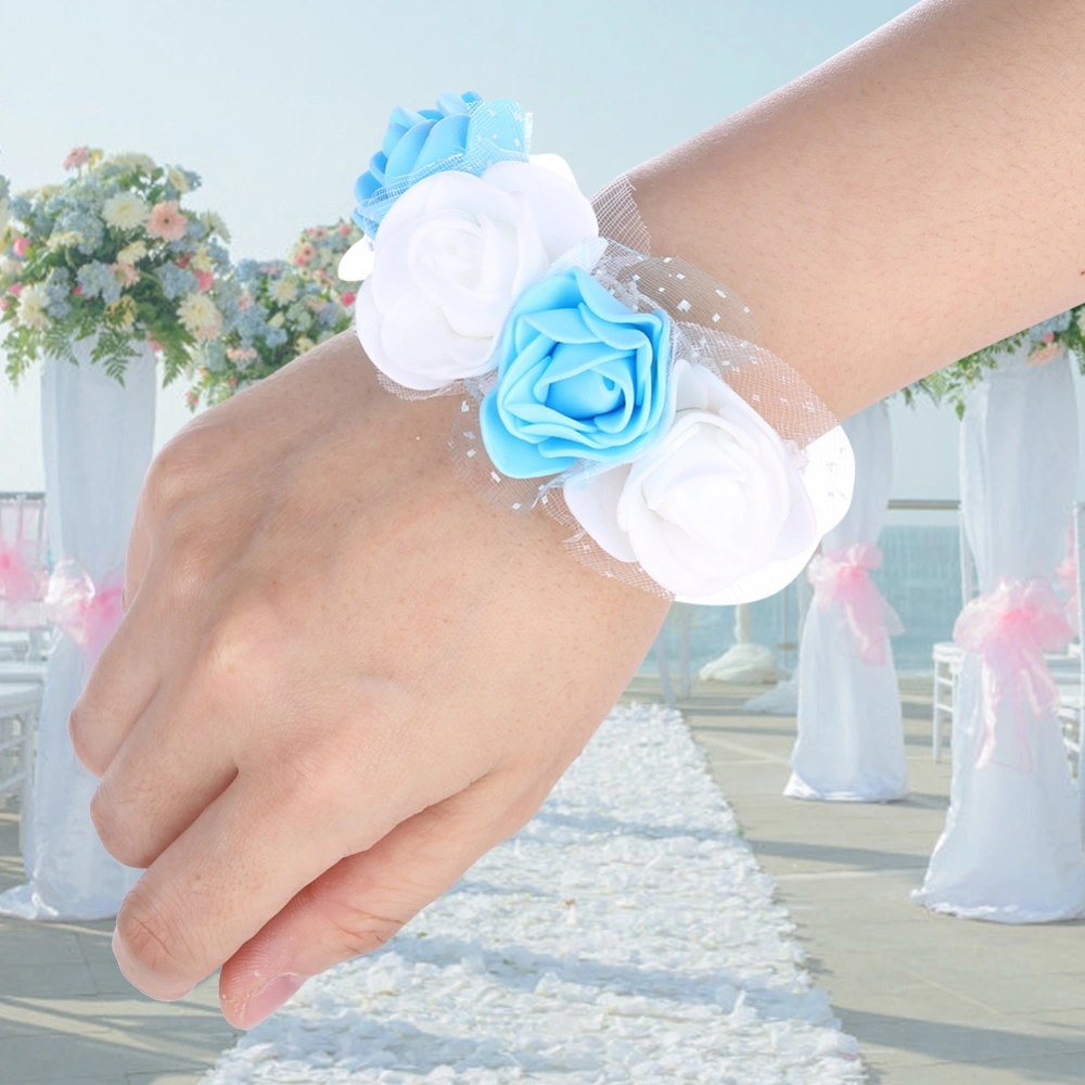 2pcs Beautiful Hand Flower Bridesmaid Wrist Corsage Decorations Rose Satin （White+Blue）