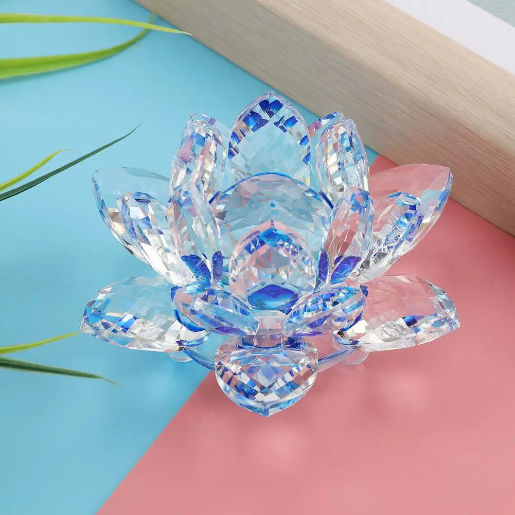 100mm Quartz Crystal Lotus Crafts Paperweight Home Wedding Party Decoration (Blue)