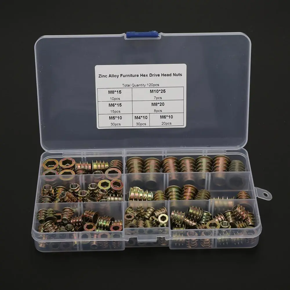 120pcs M4/M5/M6/M8/M10 Zinc Inside & Outside Teeth Screw Insert Hex Nuts Assortment Kit