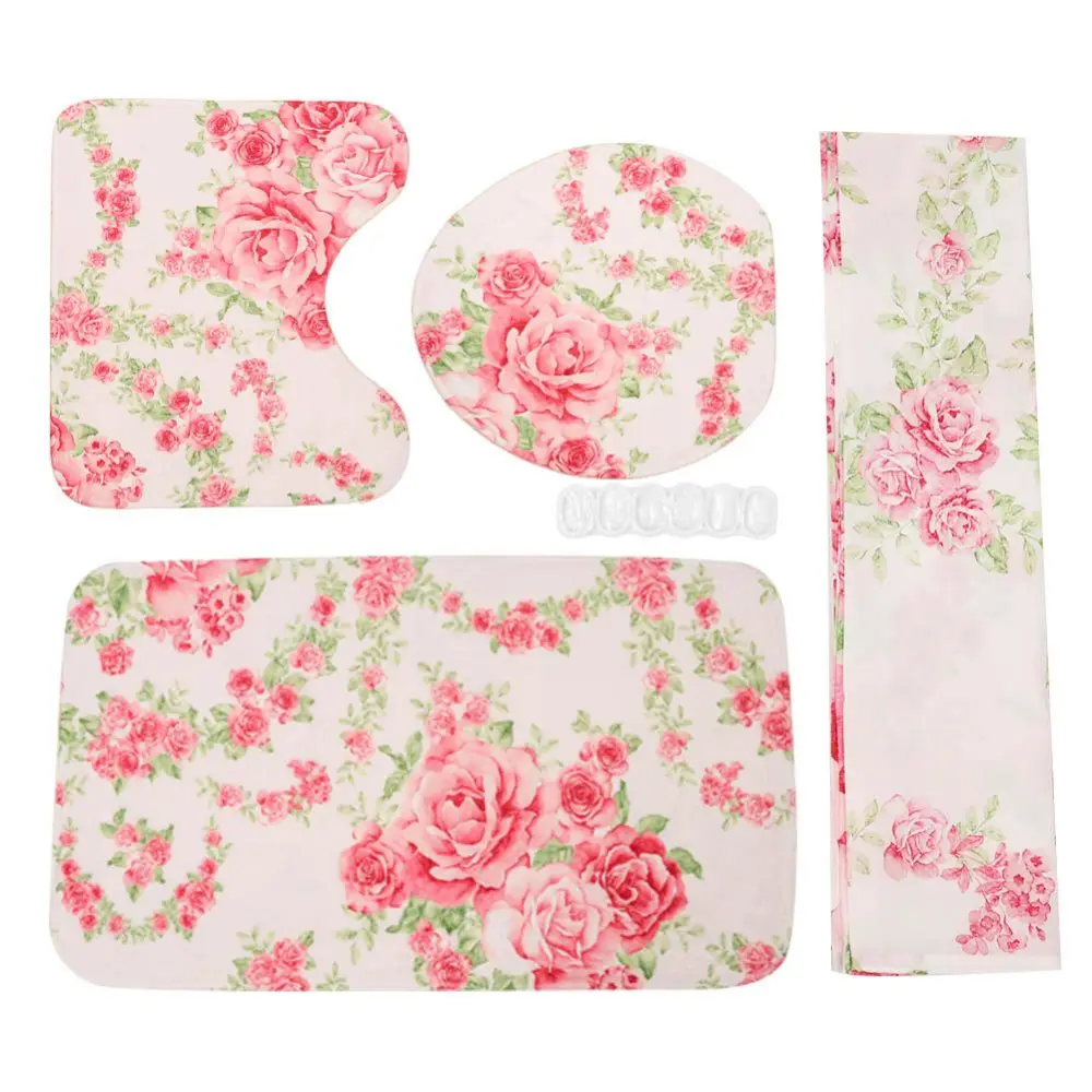 4pcs/set Rose Printed Pattern Shower Curtain Rug Lid Toilet Cover Mat Bath Mat Set