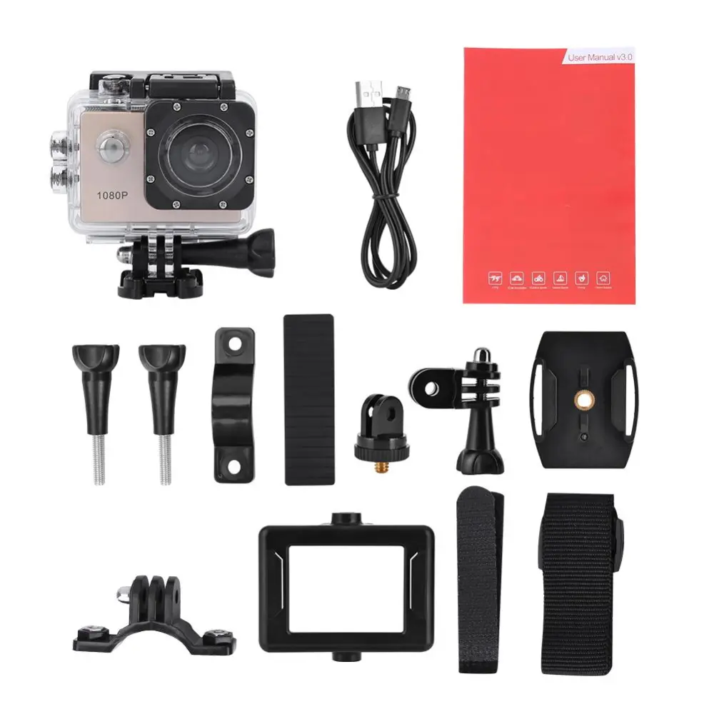 1080P HD 2inch LCD Screen Sports 30m Waterproof Action Camera Set with Battery(golden)