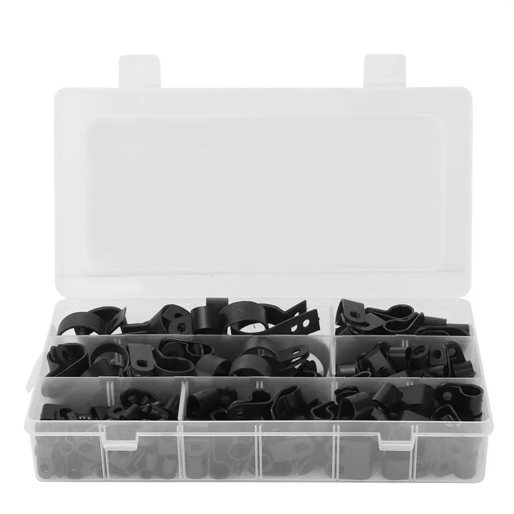 200pcs Black Plastic R-Type Nylon Cable Clamp Wire Clip 5MM/6MM/9MM/12MM/19MM/25MM