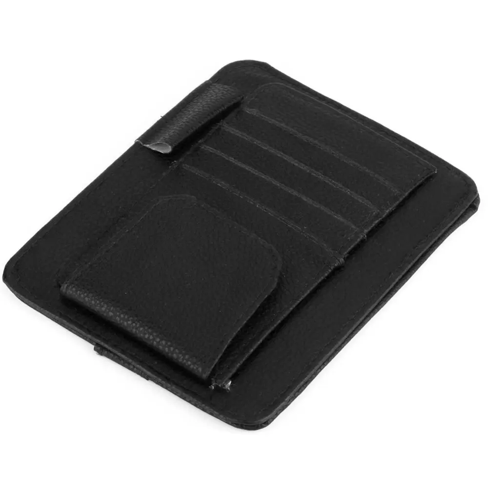 Car Sun Visor Card Bill Holder Organizer PU Leather Storage Bag Glasses Clip(Black)