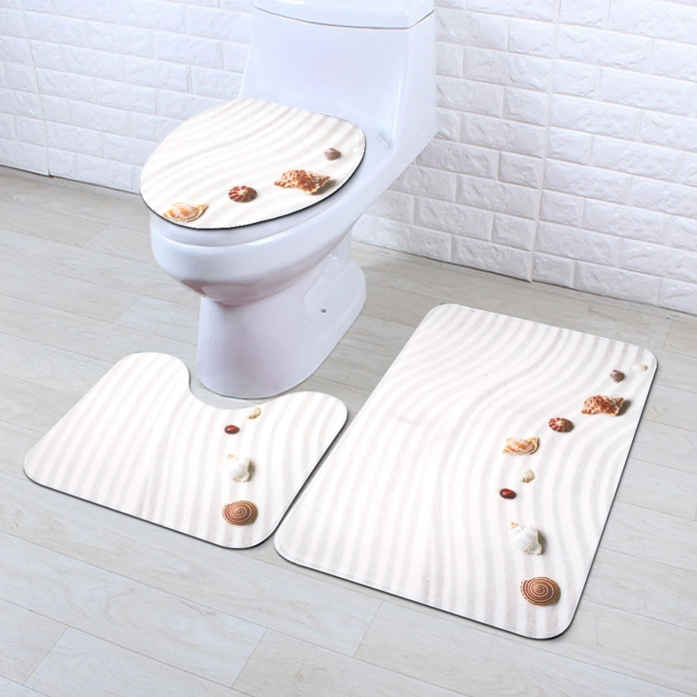 3PCS Shell Theme Shower Waterproof Non-slip Bathroom Mat + Rug + Toilet Lid Cover Set (L)