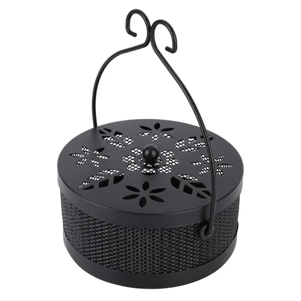 Mosquito Coil Holder Metal Ashes Holder Round Portable Coil Incense Burning Box(Black)